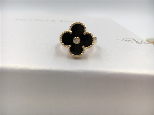 Round Diamond / Onyx 18K Gold Ring Vintage Alhambra For Wedding / Engagement